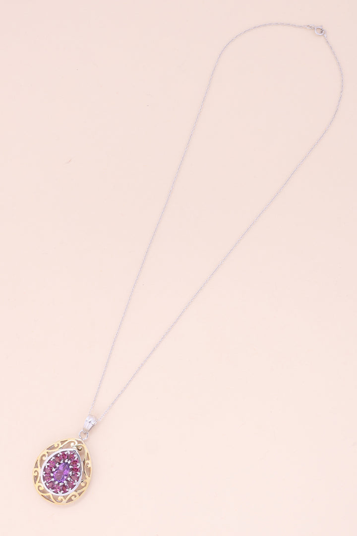 Amethyst & Rhodolite Silver Necklace Pendant Chain-Avishya