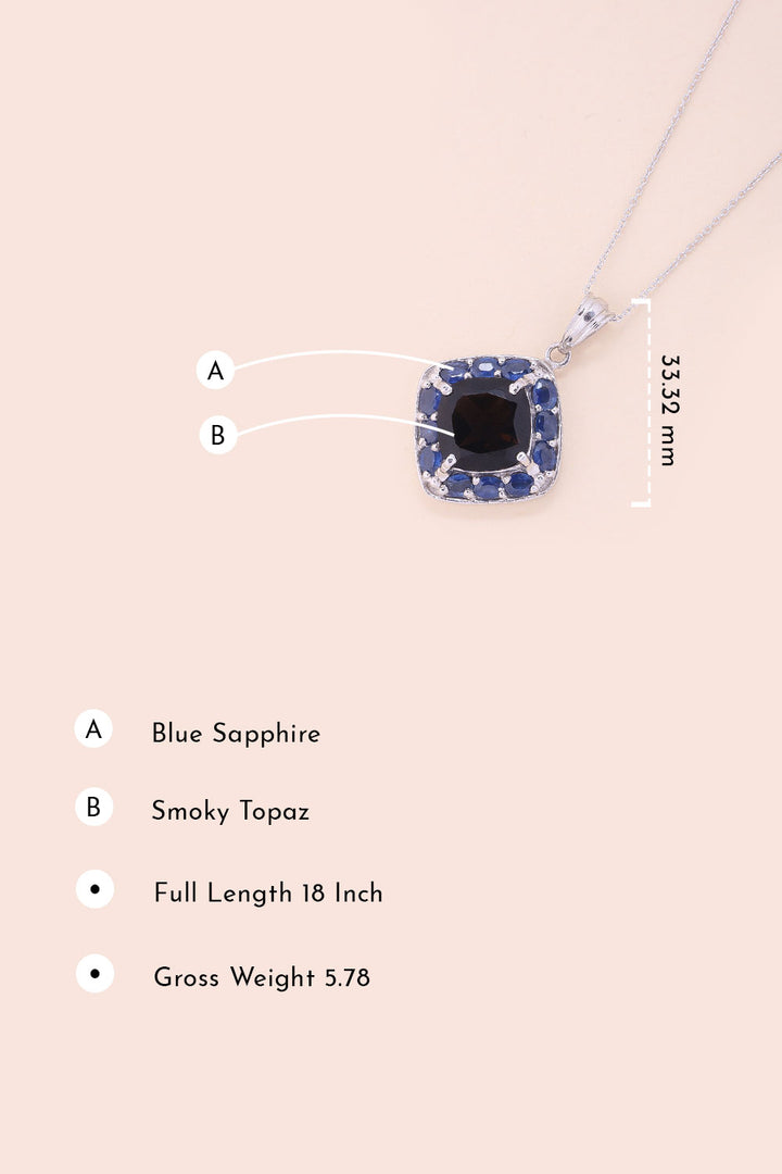 Smoky Topaz & Blue Sapphire Silver Necklace Pendant Chain -Avishya