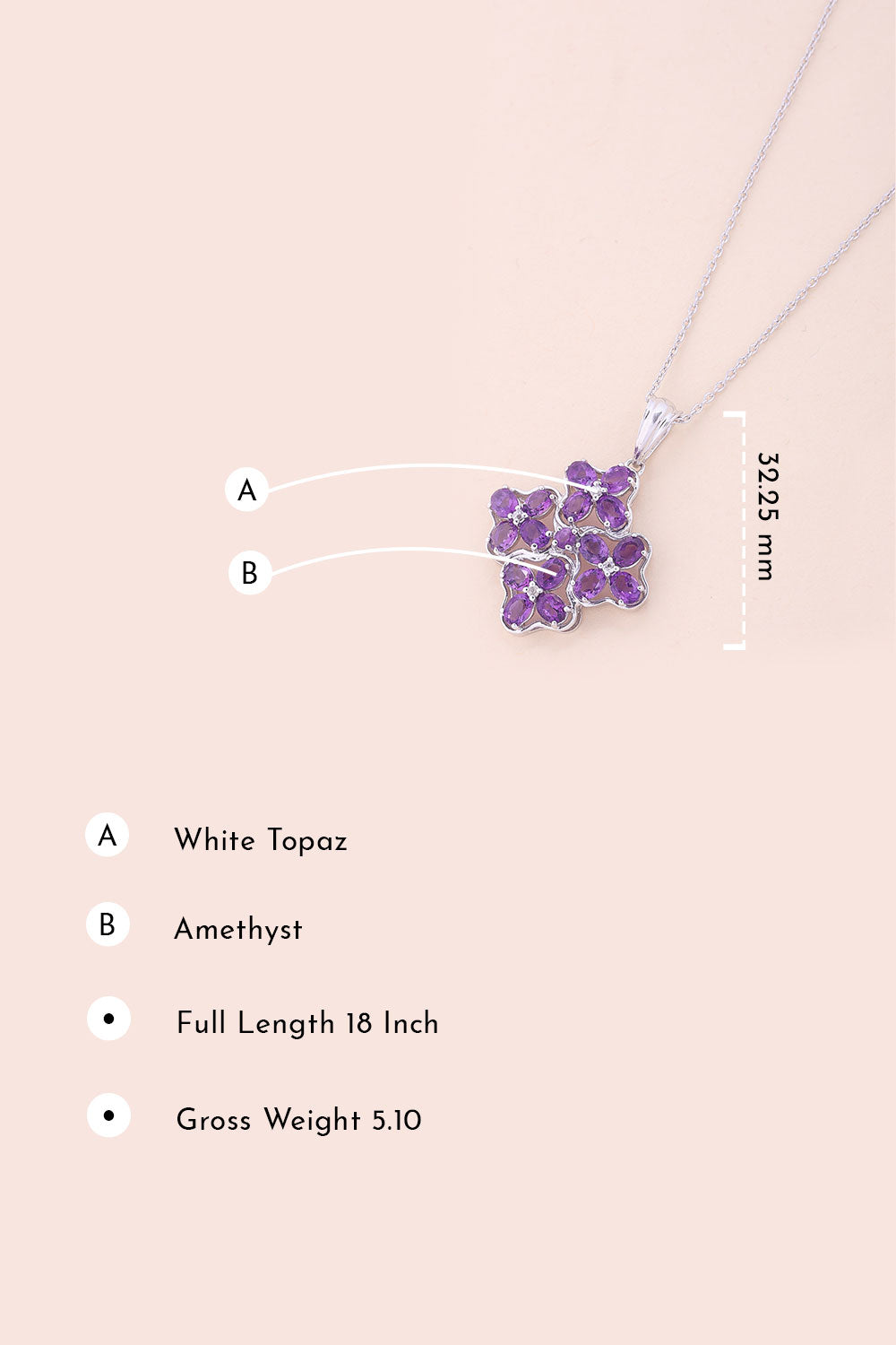 Amethyst & White Topaz Silver Necklace Pendant Chain -Avishya