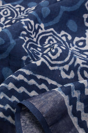 Blue Hand Block Printed linen saree