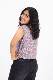 Blue Hand Block Printed Cotton Crop Top 10074296