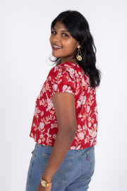 Red Hand Block Printed Cotton Crop Top 10074302