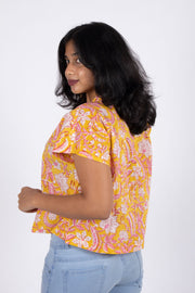 Yellow Hand Block Printed Cotton Crop Top 10074303
