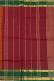Rustic Maroon Handloom Kanchi Cotton Saree with Peacock Motifs And Rudhraksham Zari Border 10076469