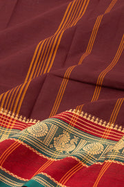 Dark Brown Handloom Chettinad Cotton Saree Without Blouse 10077296