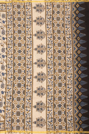 Cream Ajrakh Printed Mulmul Cotton Saree With Floral Border 10077400