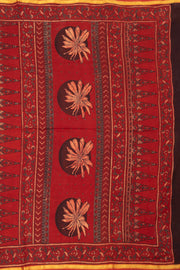 Bright Red Ajrakh Printed Mulmul Cotton Saree With Floral Border 10077403