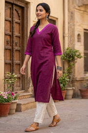 Purple Handcrafted Solid Style Embroidered Cotton Kurta 10077421