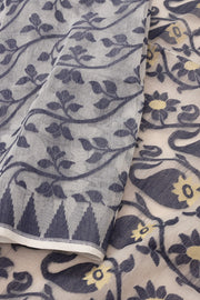 White Handloom Jamdani Cotton Saree with Floral Motifs 10077545