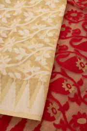 Light Gold Handloom Jamdani Cotton Saree With Floral Motifs 10077546