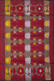 Red Handloom Jamdani Cotton Saree with Floral Motifs 10077549
