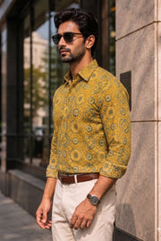 Yellow Full Sleeve Ajrakh Printed Cotton Mens Shirt 10071167