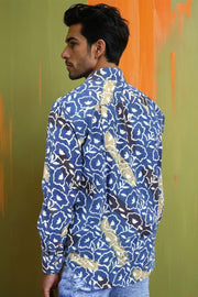 Blue Full Sleeve Ajrakh Printed Cotton Mens Shirt 10073001