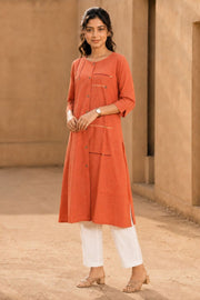 Rustic Brown Hand Embroidered Cotton Dress 10077653