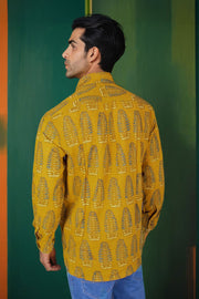 Mustard Yellow Full Sleeve Ajrakh Printed Cotton Mens Shirt 10071154