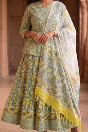 Green Hand Block Printed Cotton Chaniya Choli With Kota Doria Dupatta 10066330
