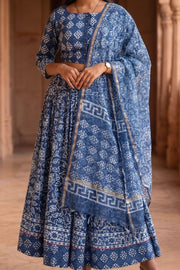 Blue Hand Block Printed Cotton Chaniya Choli With Kota Doria Dupatta 10066326