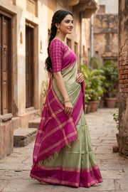 Sage Green Semi Tussar Saree with Zari Border 10078210