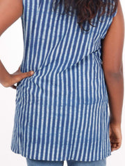 Blue Indigo Striped Hand Block Printed Women Sleevless Shirt 10077192