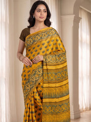 Vintage Amber Yellow Ajrakh Printed Mulmul Cotton Saree With Floral Border 10076515