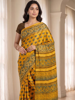Vintage Amber Yellow Ajrakh Printed Mulmul Cotton Saree With Floral Border 10076515