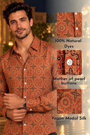 Rust Orange Ajrakh Printed Vegan Modal Silk Mens Shirt 10078100