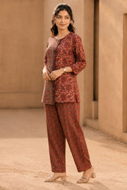 Rustic Brown Hand Embroidered Cotton Top & Pant Set 10077650