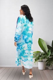 Blue Printed Vegan Charmeuse Silk Dress 10074048