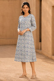 Denim Blue Hand Block Printed Cotton Dress 10077631