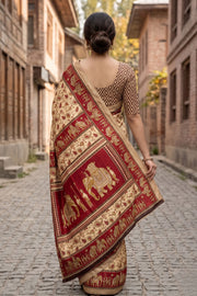 Beige and Red Kani Printed Silk Saree 10077874