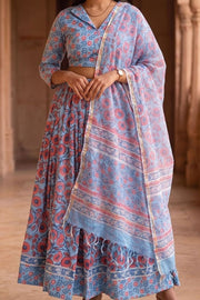 Blue Hand Block Printed Cotton Chaniya Choli With Kota Doria Dupatta 10066328
