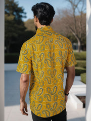 Yellow Half Sleeve Ajrakh Printed Cotton Mens Shirt 10071088