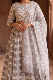 Mist Grey Hand Block Printed Cotton Chaniya Choli With Kota Doria Dupatta 10066312