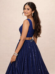 Navy Blue Silk Hand Embroidered Lehenga 10076887