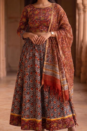 Maroon Hand Block Printed Cotton Chaniya Choli With Kota Doria Dupatta 10066322