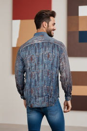 Blue Full Sleeve Jahota Print Modal Silk Mens Shirt 10074378