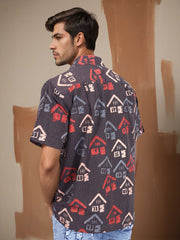 Black Half Sleeve Ajrakh Printed Cotton Mens Shirt 10073059