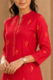 Red Hand Embroidered Cotton Kurta  10077659