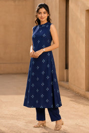 Navy Blue Handloom Cotton Dress with High Neck Design 10077635
