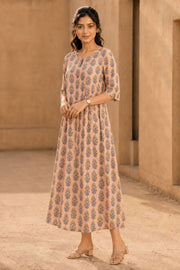 Peach Hand Block Printed Cotton Dress 10077621