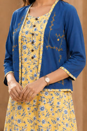 Yellow Hand Block Printed Cotton Dress With Jacket 10077616