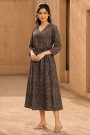 Indigo Blue Hand Block Printed Cotton Dress 10077636