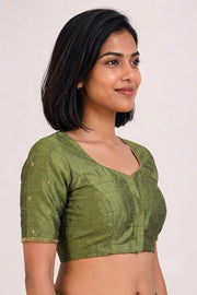 Olive Green Aari Embroidered Tussar Silk Blouse 10077735