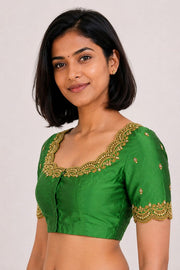 Dark Green Aari Embroidered Kanjivaram Silk Blouse 10077758