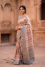 Beige Floral Printed Semi Linen Saree 10077988