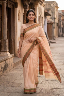 Beige Handloom Chettinad Cotton Saree With Temple Border 10077298