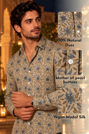 Beige Ajrakh Printed Vegan Modal Silk Mens Shirt 10078096

