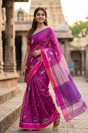 Hot Raspberry Pink Swan Motifs Chanderi Printed Silk Cotton Saree 10075931
