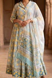 Blue Hand Block Printed Chaniya Choli With Kota Doria Dupatta 10066335