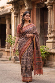 Brown Printed Semi Tussar Silk Saree 10077230